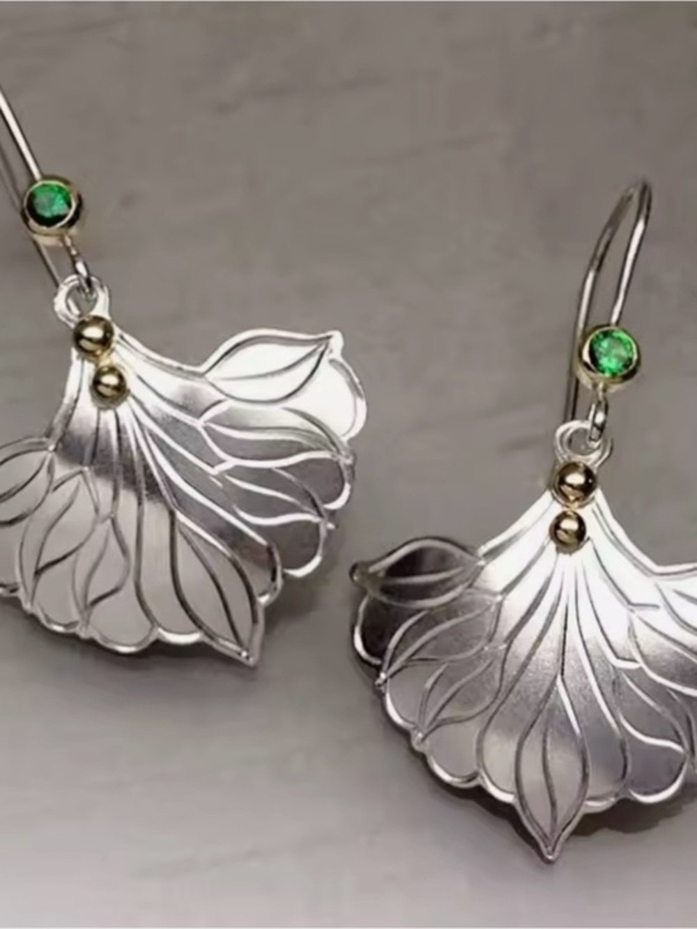 New Silver Leaf Earrings With Emerald Stone Accents
